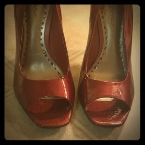 BCBG Girls burgundy patent leather peep toe pumps